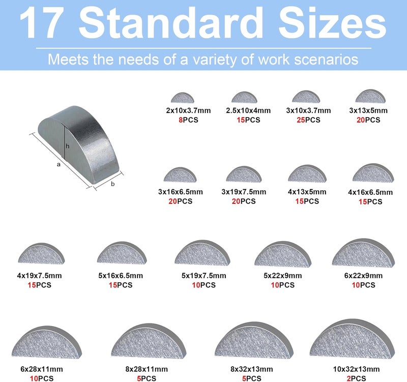 FullMayPro 220PCS Metric Woodruff Key Assortment Kit in 17 Most Popular Sizes, Woodruff semicircle Key,Half Moon Key,Shaft Crank Key,Keyway for Fasteners Mechanical Industry Crankshaft - Image 2
